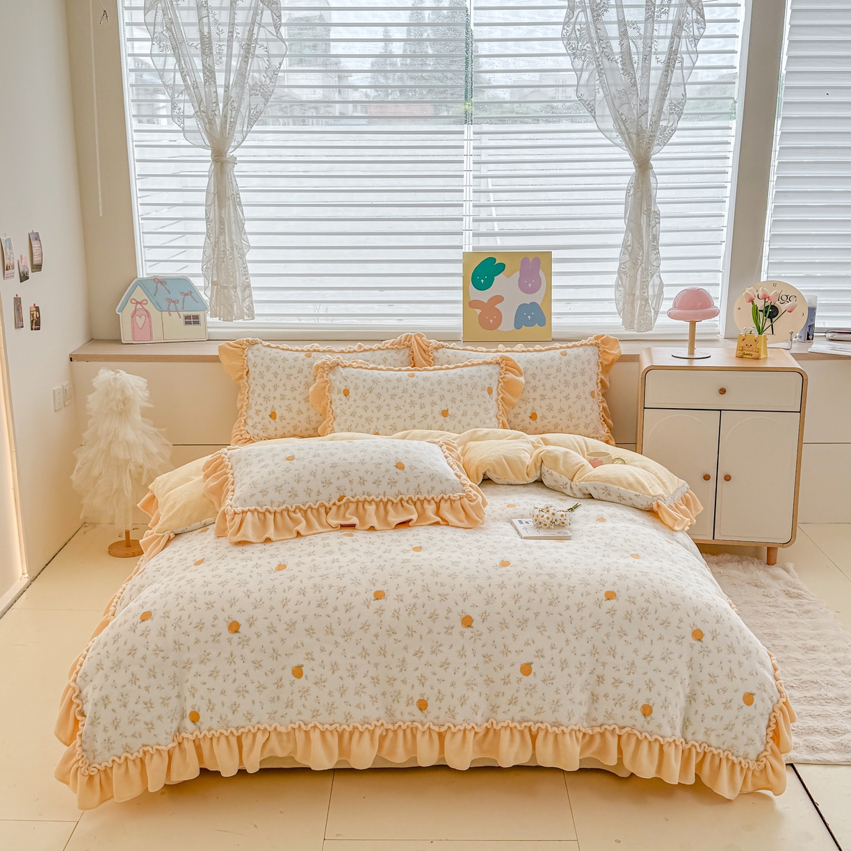 橘子家 2025轻奢法式花边公主风婴儿绒牛奶绒高克重四件套 蜜桔