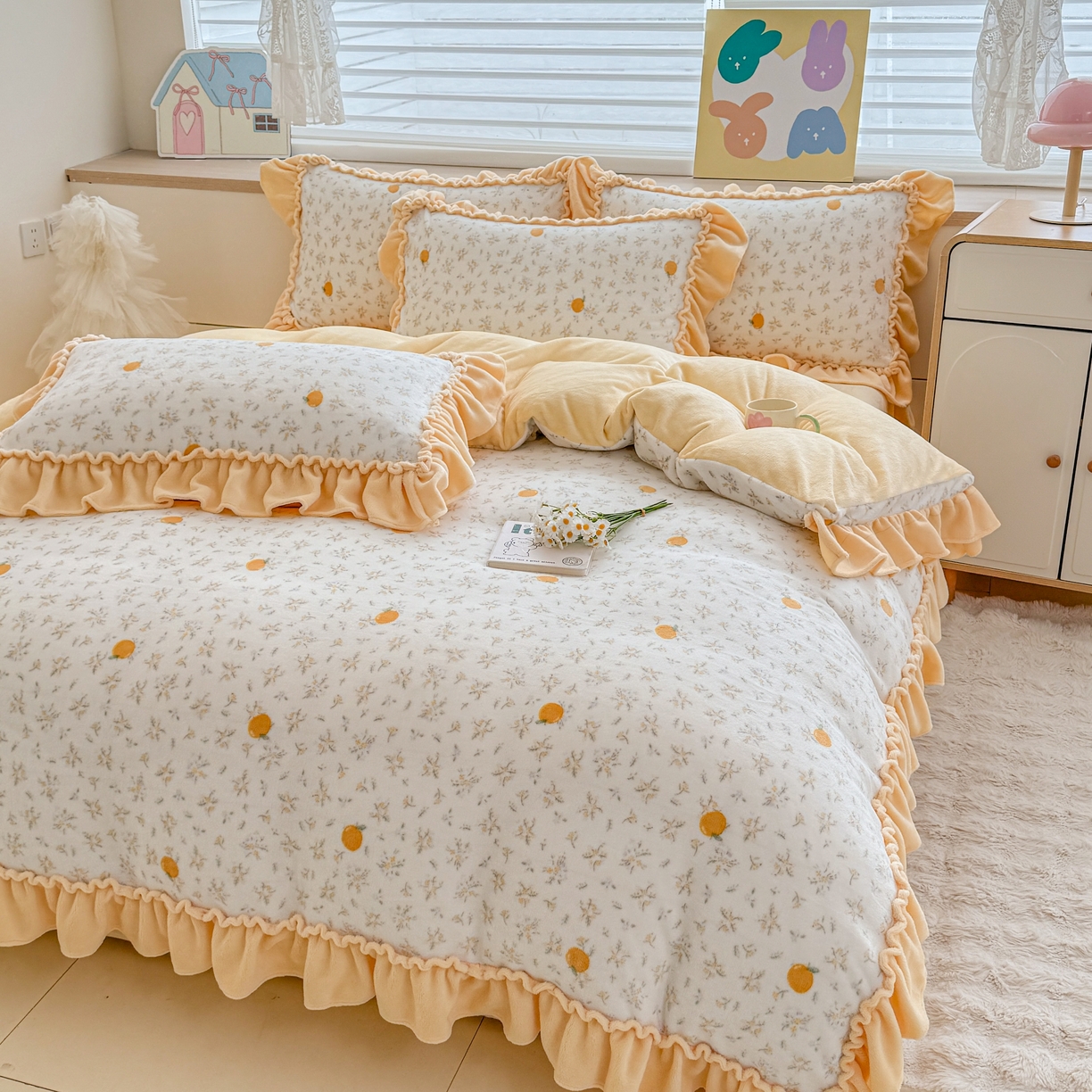 91家纺网 家纺一手货源 找家纺 橘子家 2025轻奢法式花边公主风婴儿绒牛奶绒高克重四件套 蜜桔