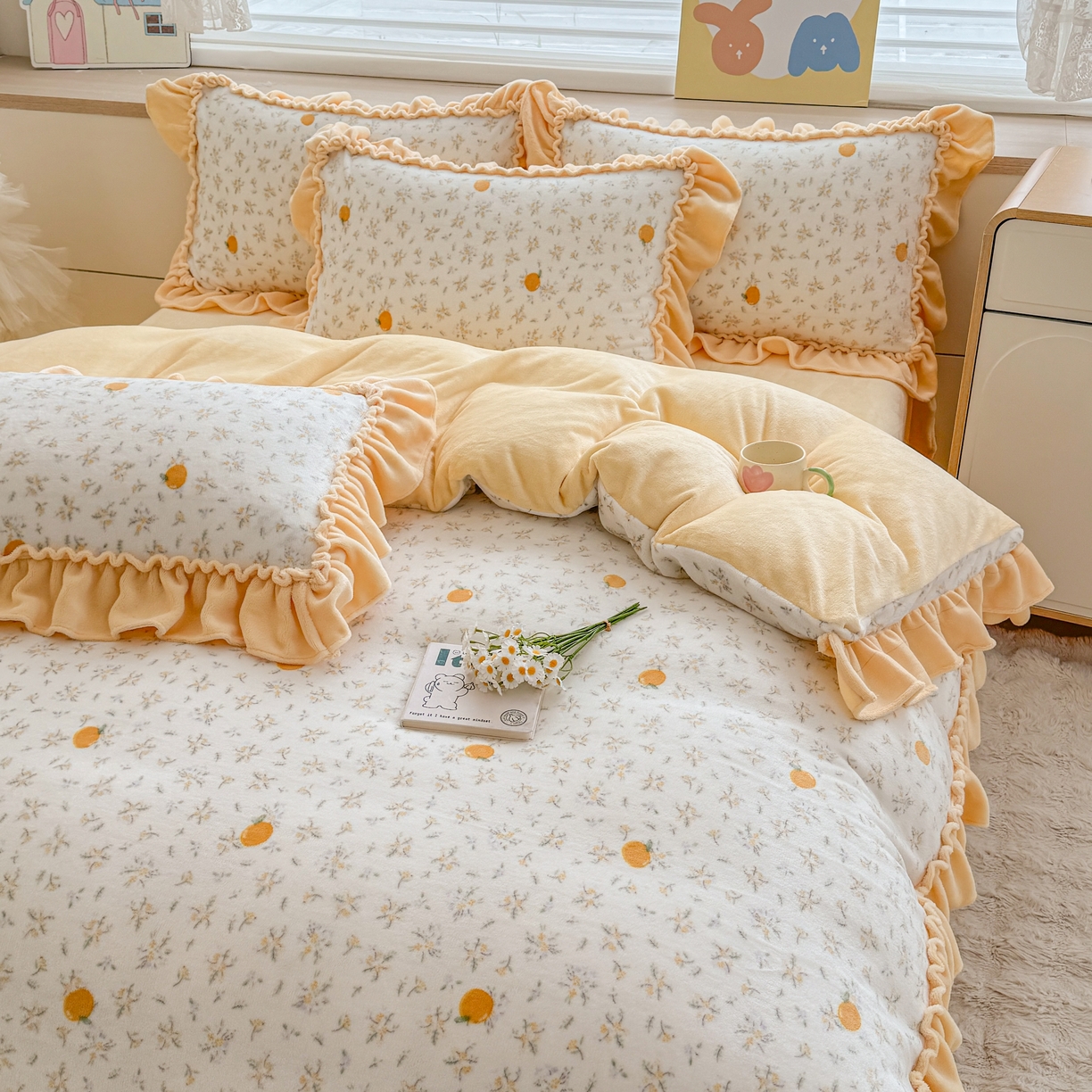 91家纺网 家纺一手货源 找家纺 橘子家 2025轻奢法式花边公主风婴儿绒牛奶绒高克重四件套 蜜桔