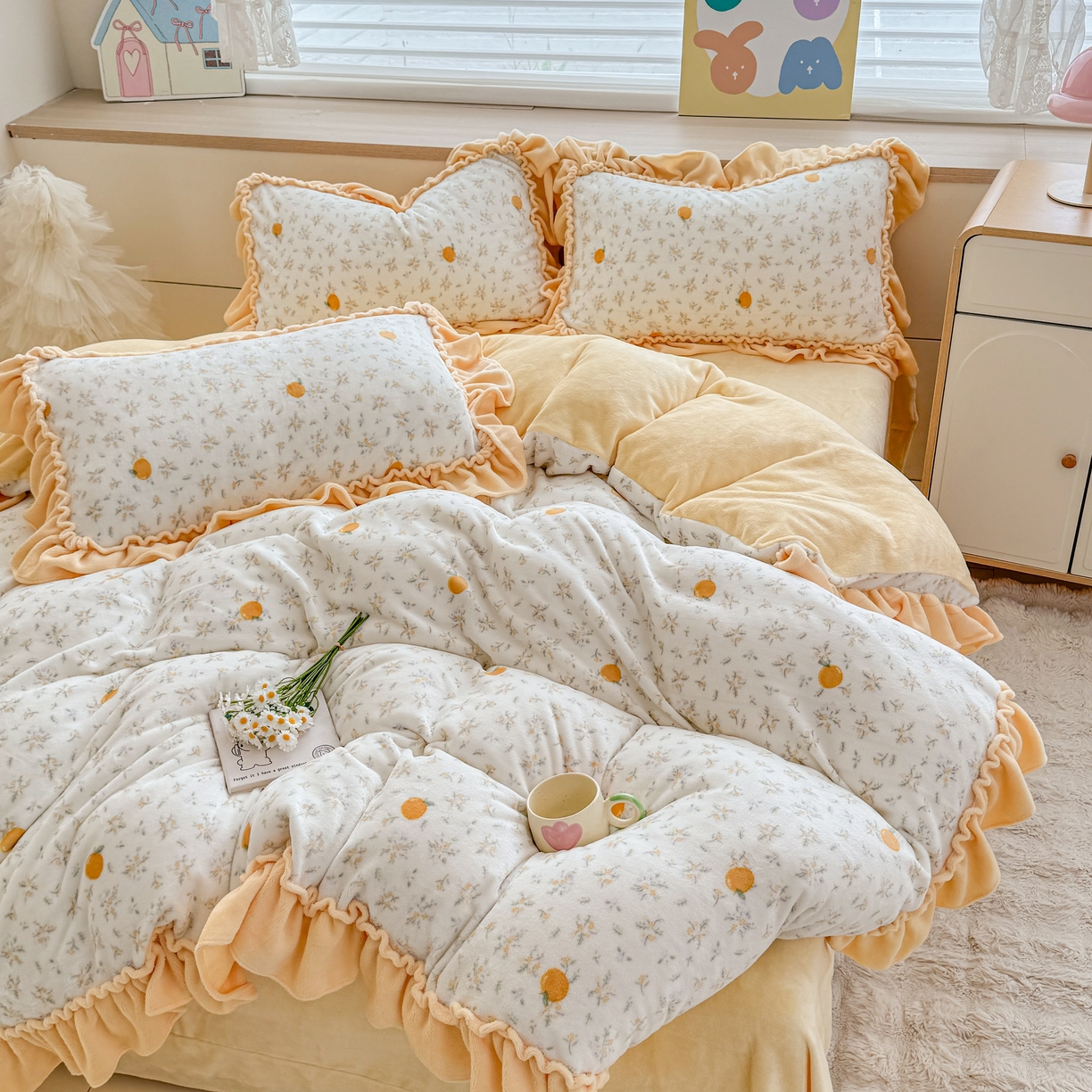 91家纺网 家纺一手货源 找家纺 橘子家 2025轻奢法式花边公主风婴儿绒牛奶绒高克重四件套 蜜桔