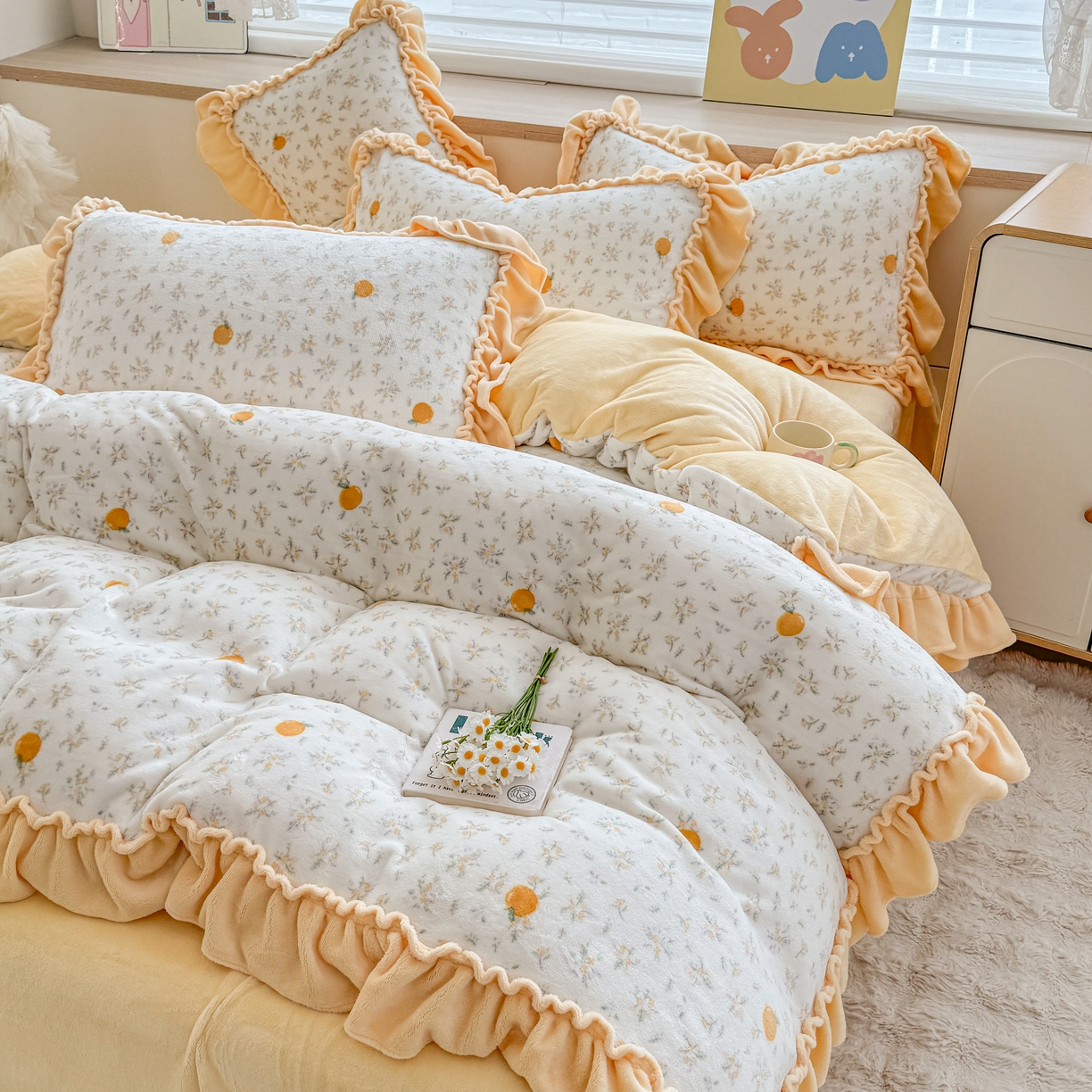 91家纺网 家纺一手货源 找家纺 橘子家 2025轻奢法式花边公主风婴儿绒牛奶绒高克重四件套 蜜桔