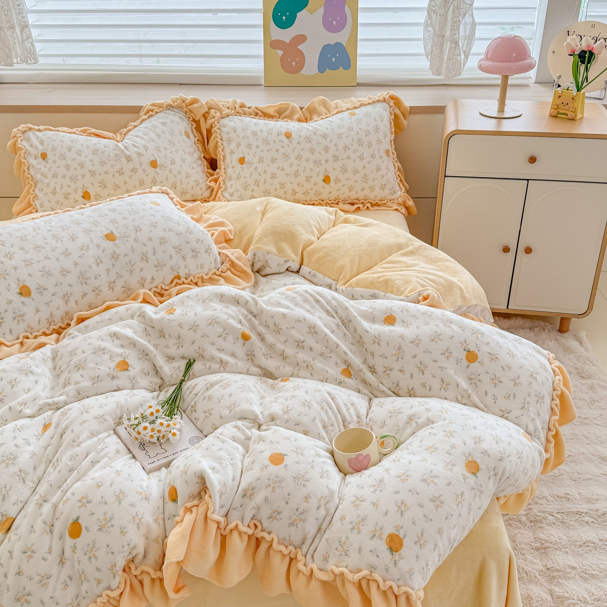 91家纺网 家纺一手货源 找家纺 橘子家 2025轻奢法式花边公主风婴儿绒牛奶绒高克重四件套 蜜桔