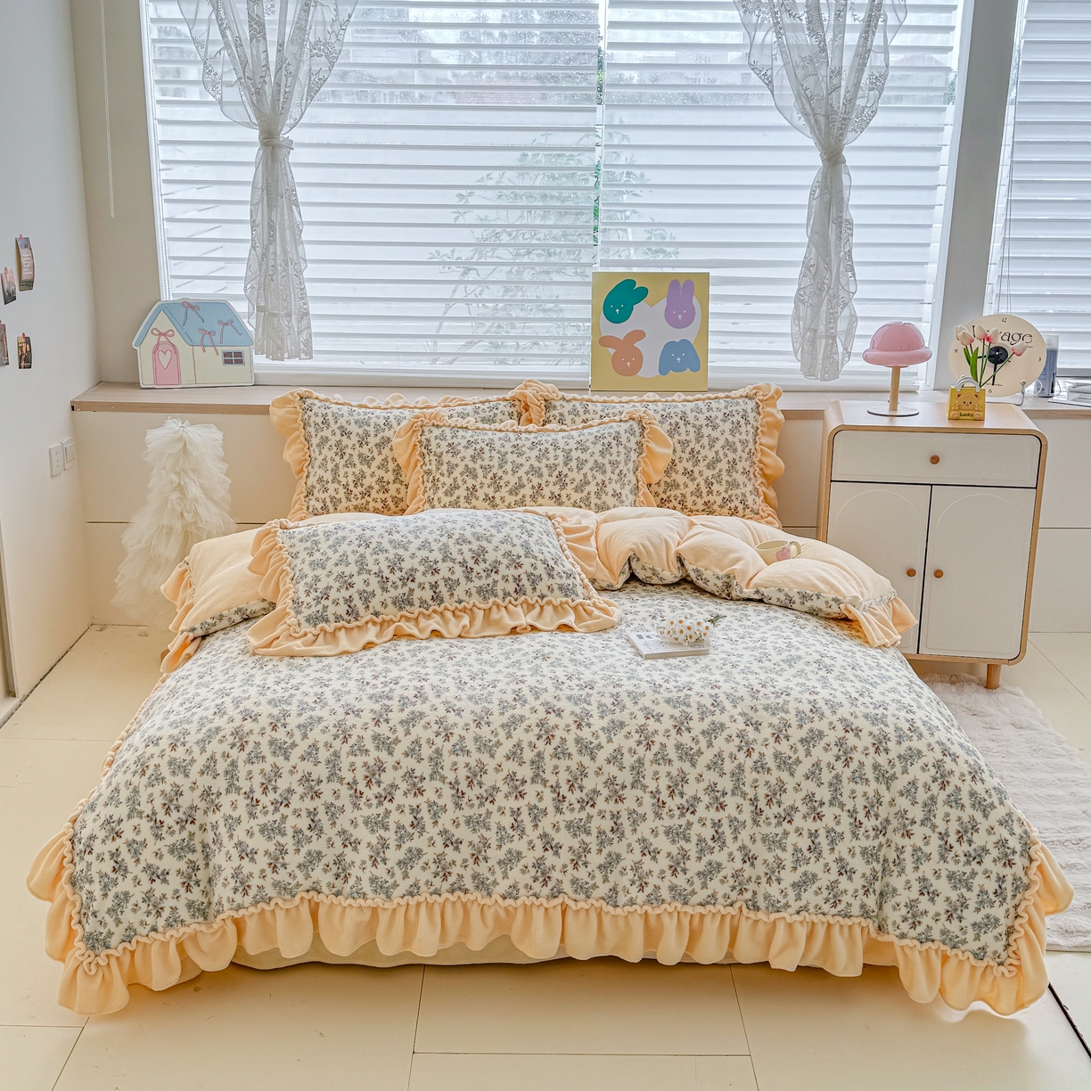 橘子家 2025轻奢法式花边公主风婴儿绒牛奶绒高克重四件套 浅夕