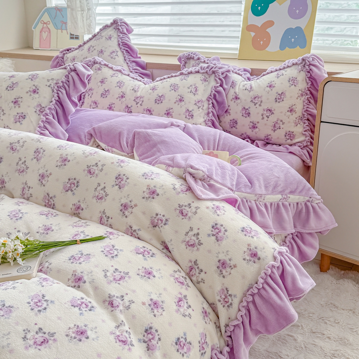 91家纺网 家纺一手货源 找家纺 橘子家 2025轻奢法式花边公主风婴儿绒牛奶绒高克重四件套 乔依