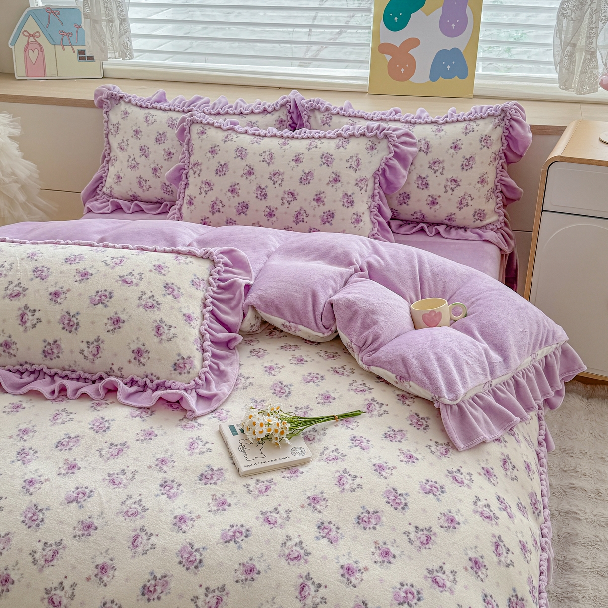 91家纺网 家纺一手货源 找家纺 橘子家 2025轻奢法式花边公主风婴儿绒牛奶绒高克重四件套 乔依