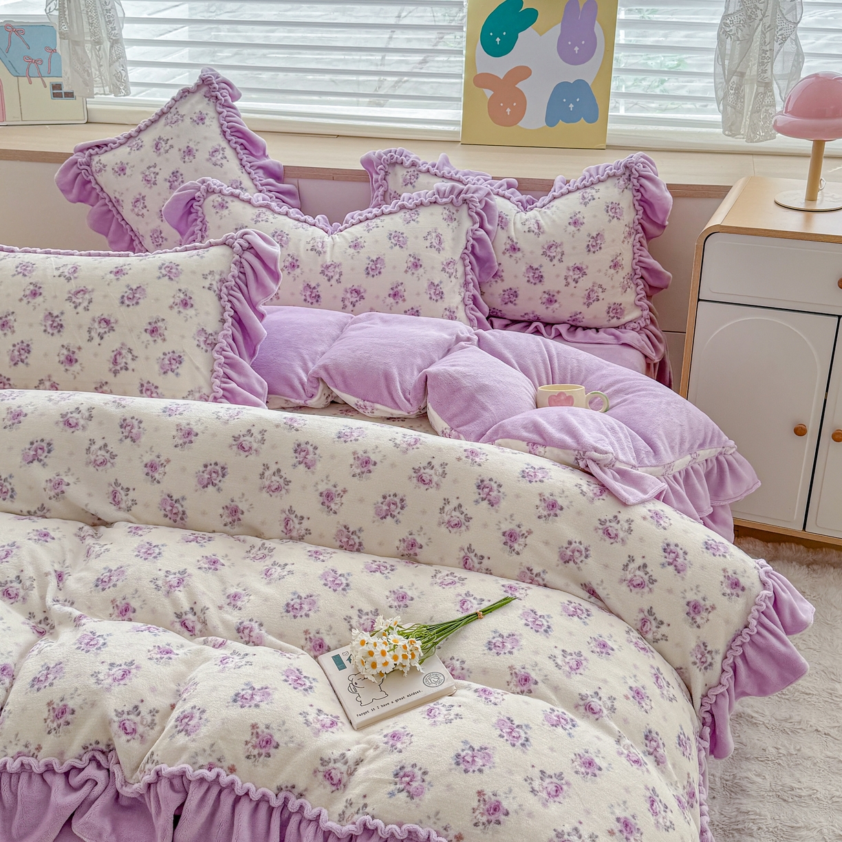 91家纺网 家纺一手货源 找家纺 橘子家 2025轻奢法式花边公主风婴儿绒牛奶绒高克重四件套 乔依