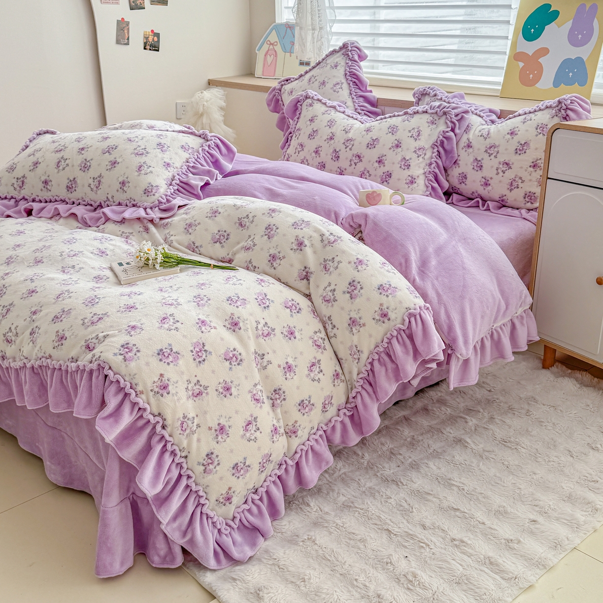 91家纺网 家纺一手货源 找家纺 橘子家 2025轻奢法式花边公主风婴儿绒牛奶绒高克重四件套 乔依