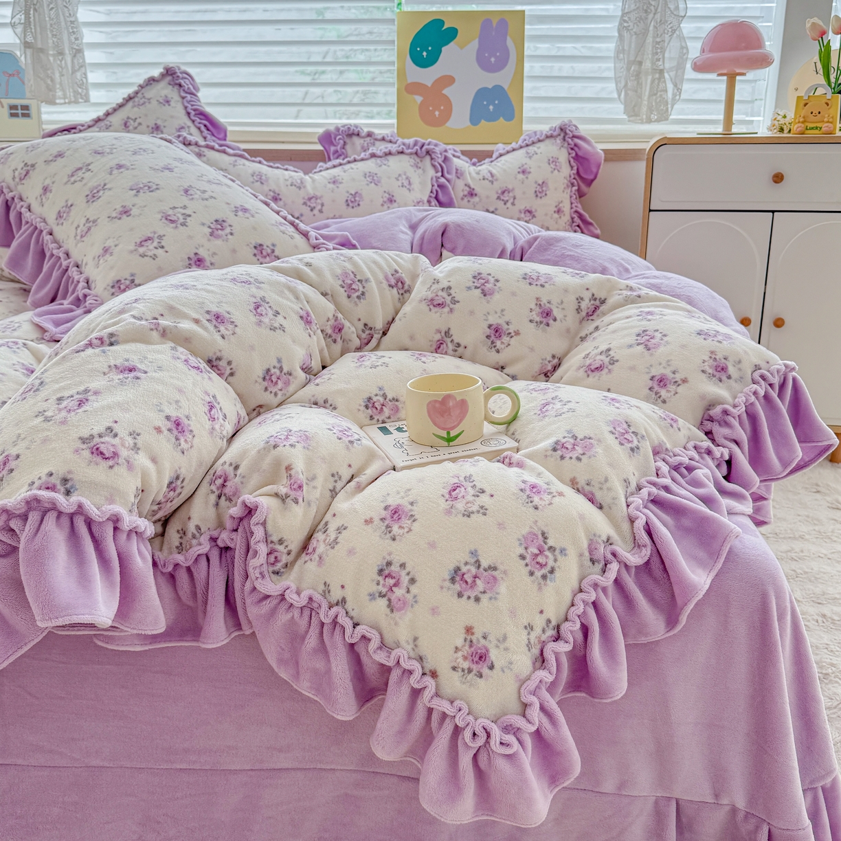 91家纺网 家纺一手货源 找家纺 橘子家 2025轻奢法式花边公主风婴儿绒牛奶绒高克重四件套 乔依