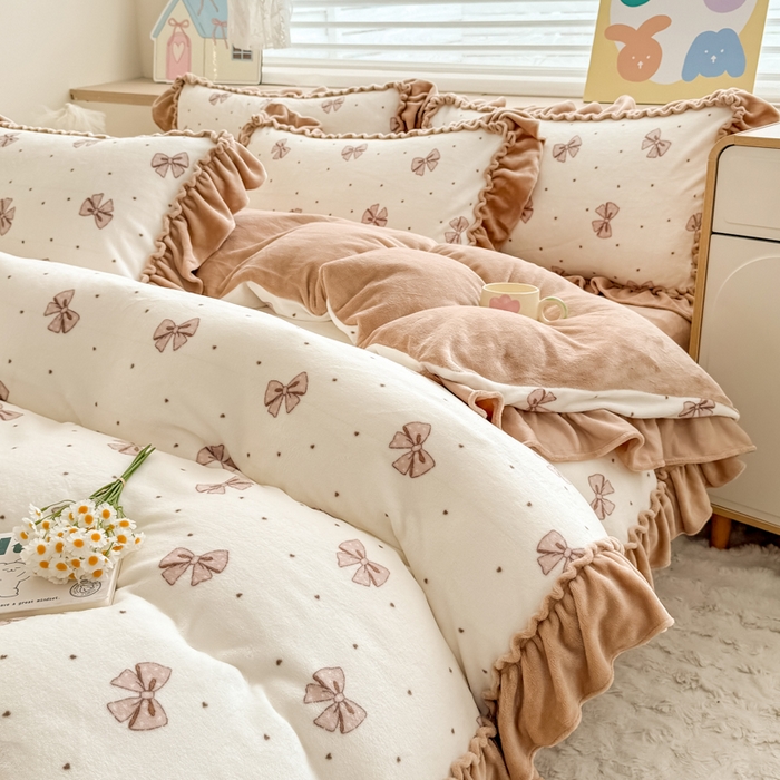 91家纺网 家纺一手货源 找家纺 橘子家 2025轻奢法式花边公主风婴儿绒牛奶绒高克重四件套 甜心