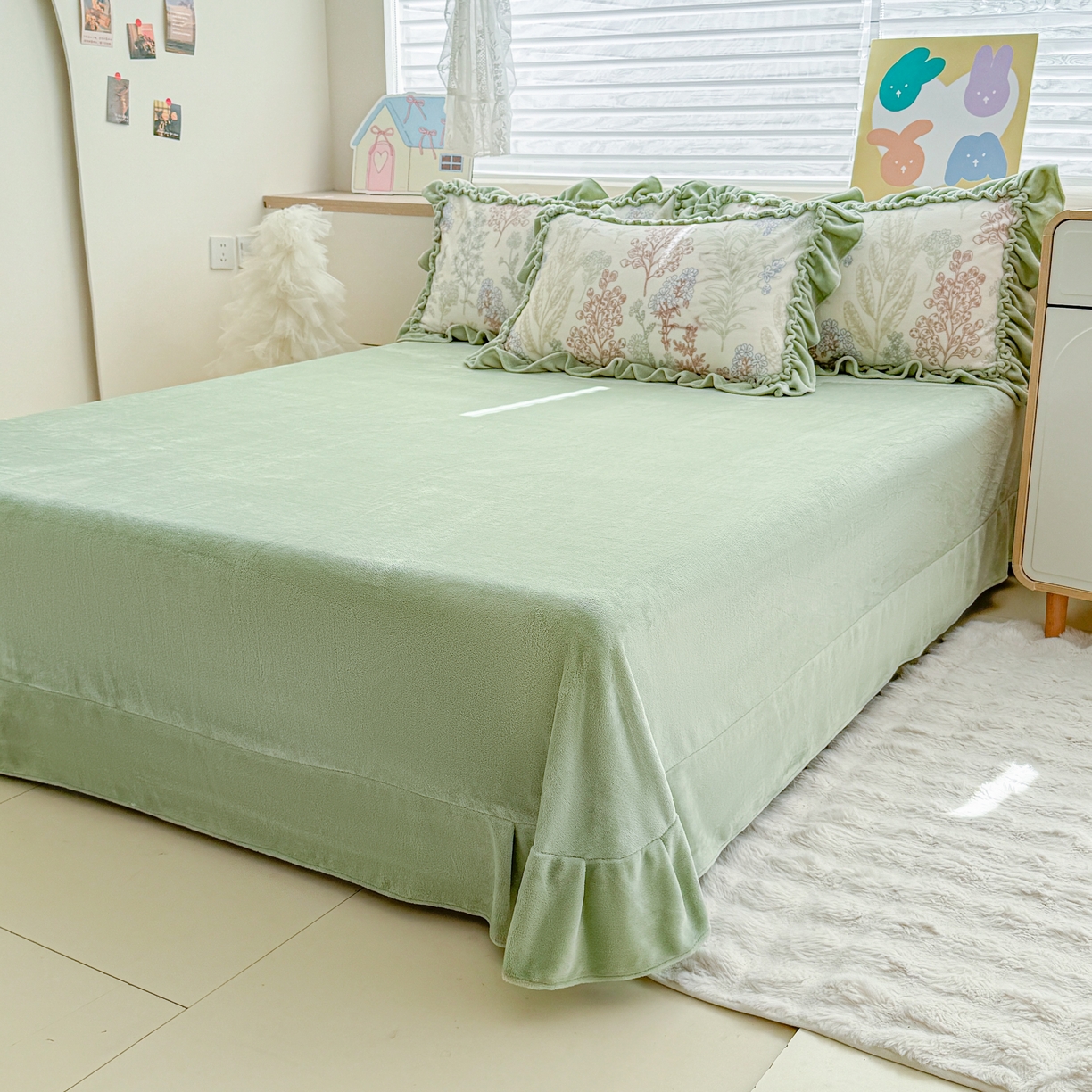 91家纺网 家纺一手货源 找家纺 橘子家 2025轻奢法式花边公主风婴儿绒牛奶绒高克重四件套 晚风