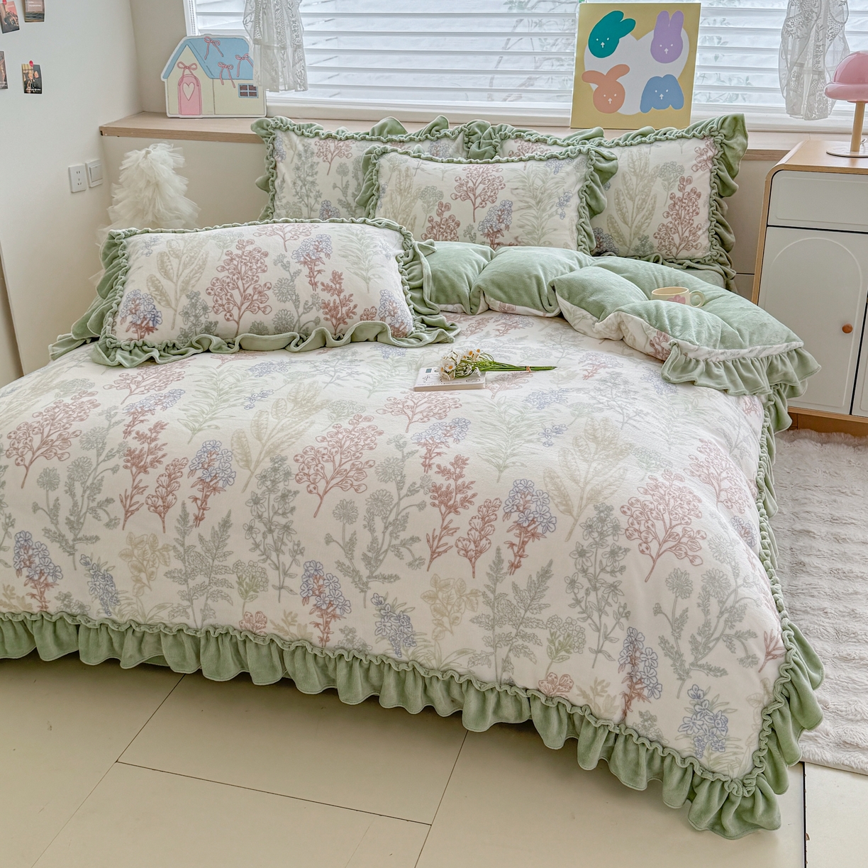 91家纺网 家纺一手货源 找家纺 橘子家 2025轻奢法式花边公主风婴儿绒牛奶绒高克重四件套 晚风