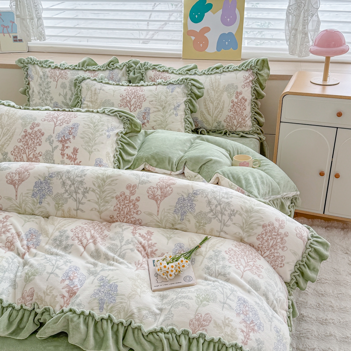 91家纺网 家纺一手货源 找家纺 橘子家 2025轻奢法式花边公主风婴儿绒牛奶绒高克重四件套 晚风