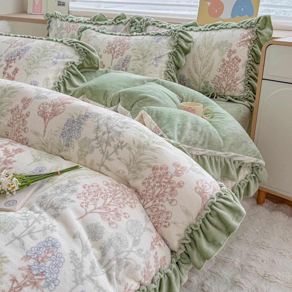 91家纺网 家纺一手货源 找家纺 橘子家 2025轻奢法式花边公主风婴儿绒牛奶绒高克重四件套 晚风