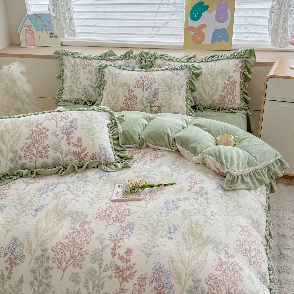 91家纺网 家纺一手货源 找家纺 橘子家 2025轻奢法式花边公主风婴儿绒牛奶绒高克重四件套 晚风