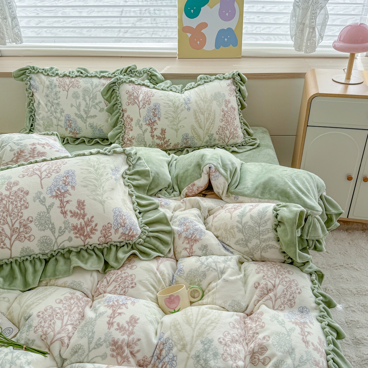 91家纺网 家纺一手货源 找家纺 橘子家 2025轻奢法式花边公主风婴儿绒牛奶绒高克重四件套 晚风