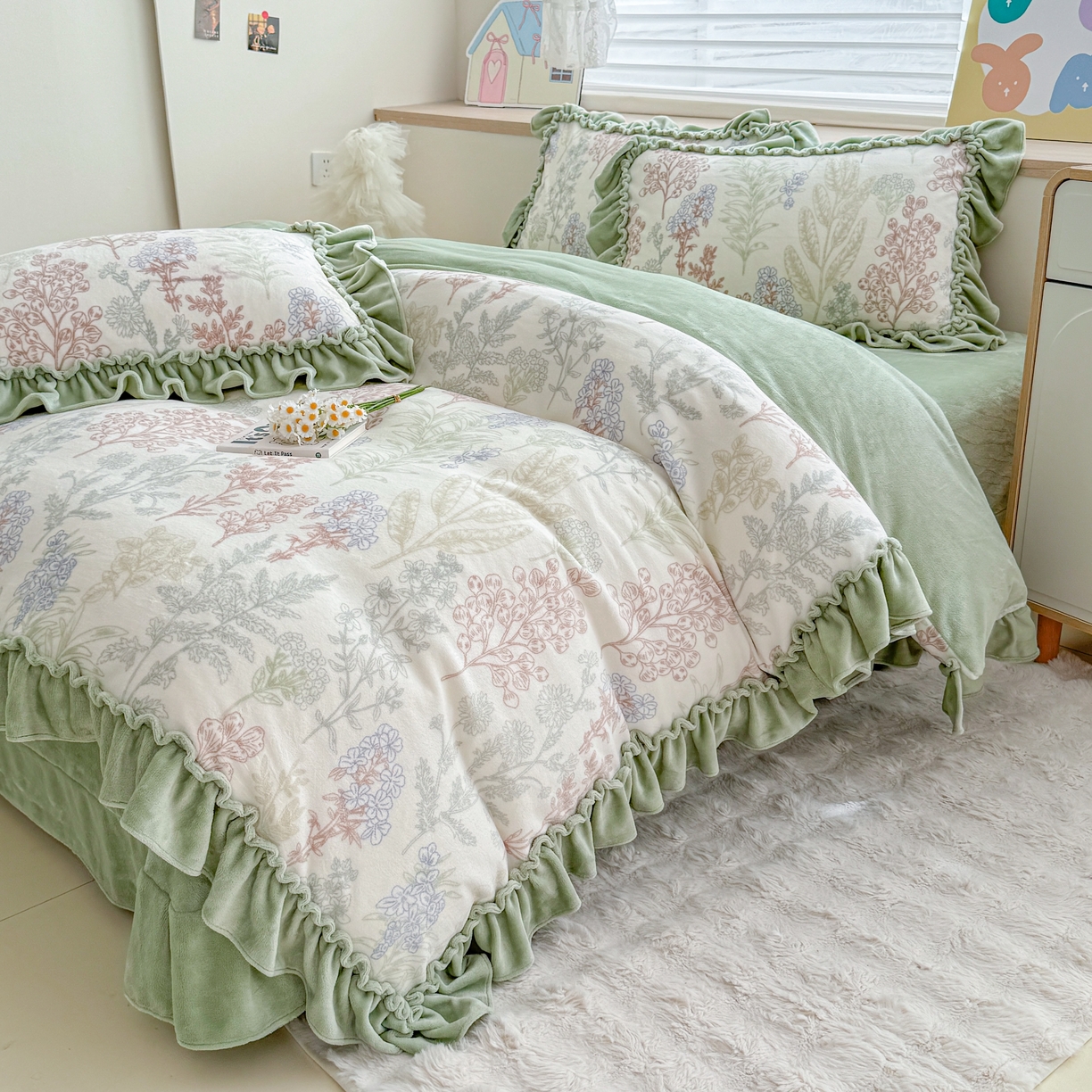 91家纺网 家纺一手货源 找家纺 橘子家 2025轻奢法式花边公主风婴儿绒牛奶绒高克重四件套 晚风