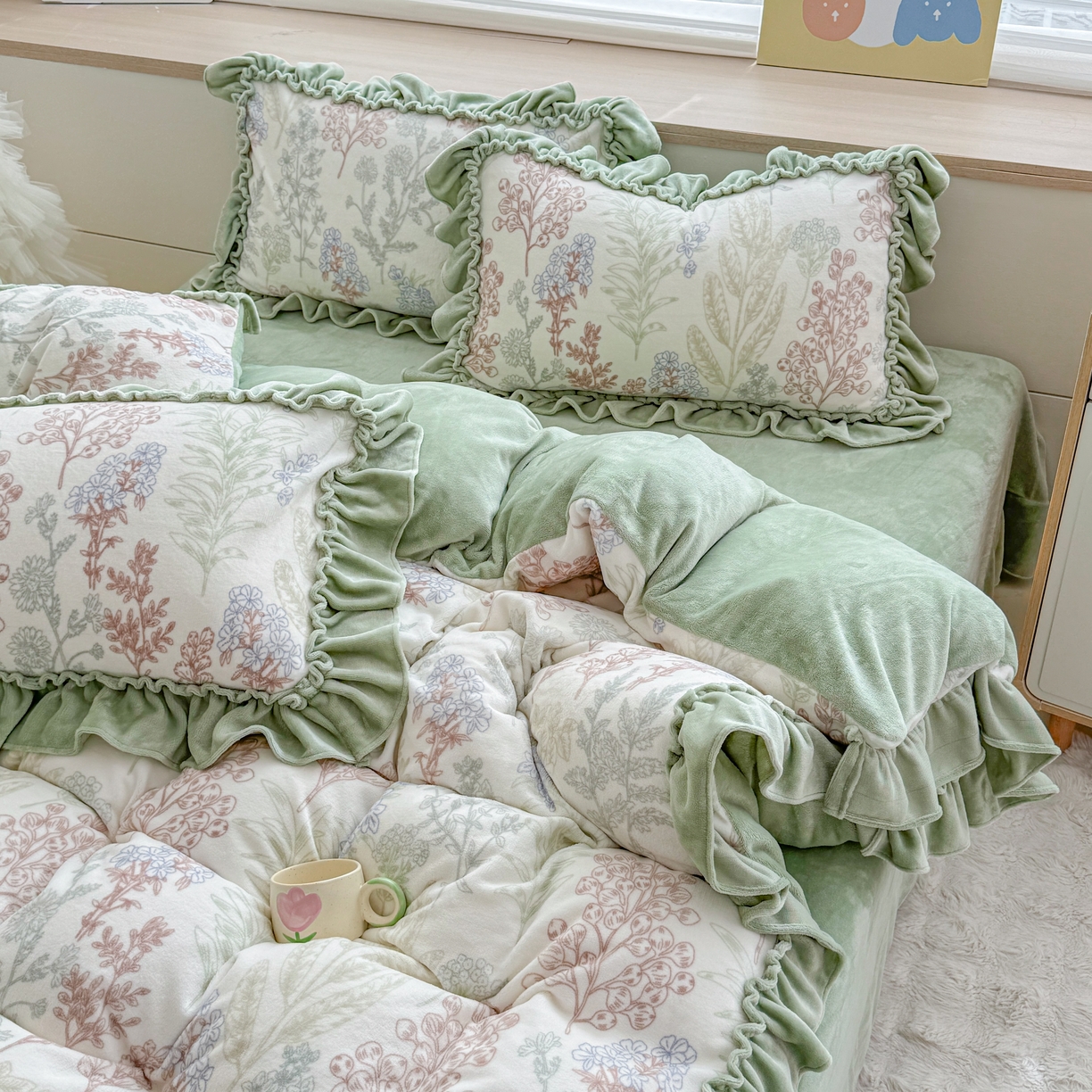 91家纺网 家纺一手货源 找家纺 橘子家 2025轻奢法式花边公主风婴儿绒牛奶绒高克重四件套 晚风