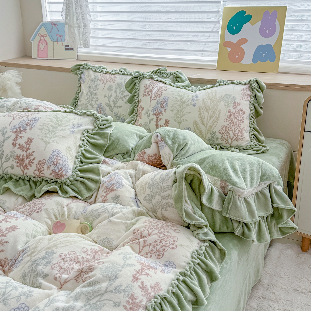 91家纺网 家纺一手货源 找家纺 橘子家 2025轻奢法式花边公主风婴儿绒牛奶绒高克重四件套 晚风