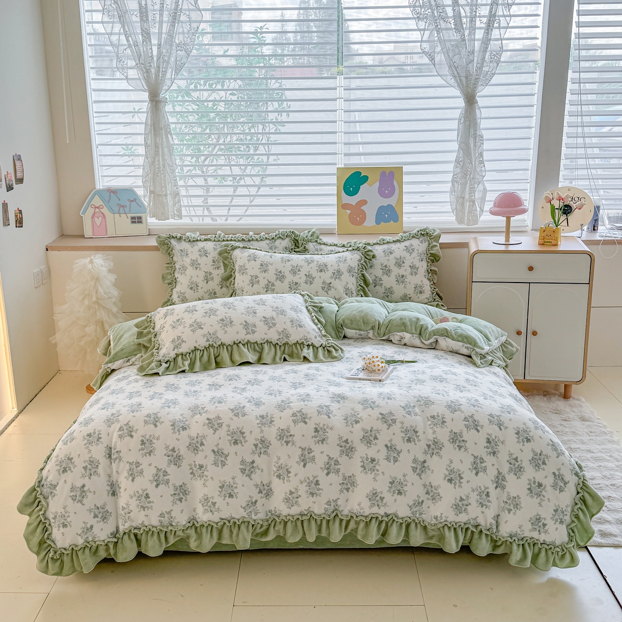 橘子家 2025轻奢法式花边公主风婴儿绒牛奶绒高克重四件套 云漫