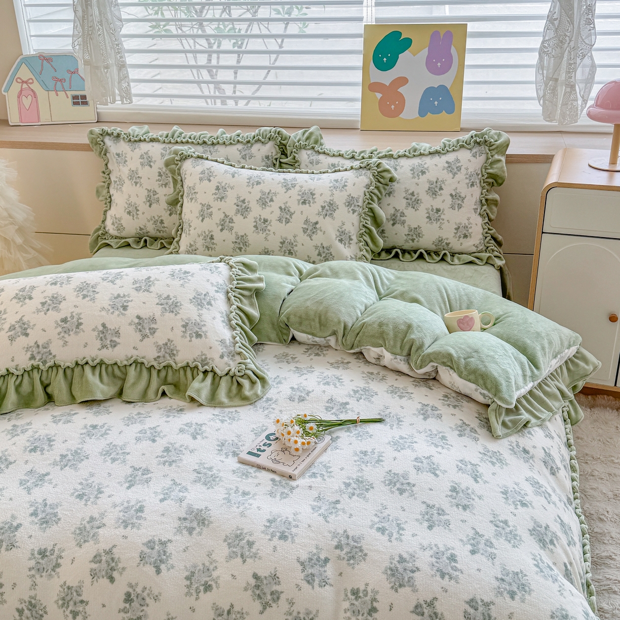 91家纺网 家纺一手货源 找家纺 橘子家 2025轻奢法式花边公主风婴儿绒牛奶绒高克重四件套 云漫