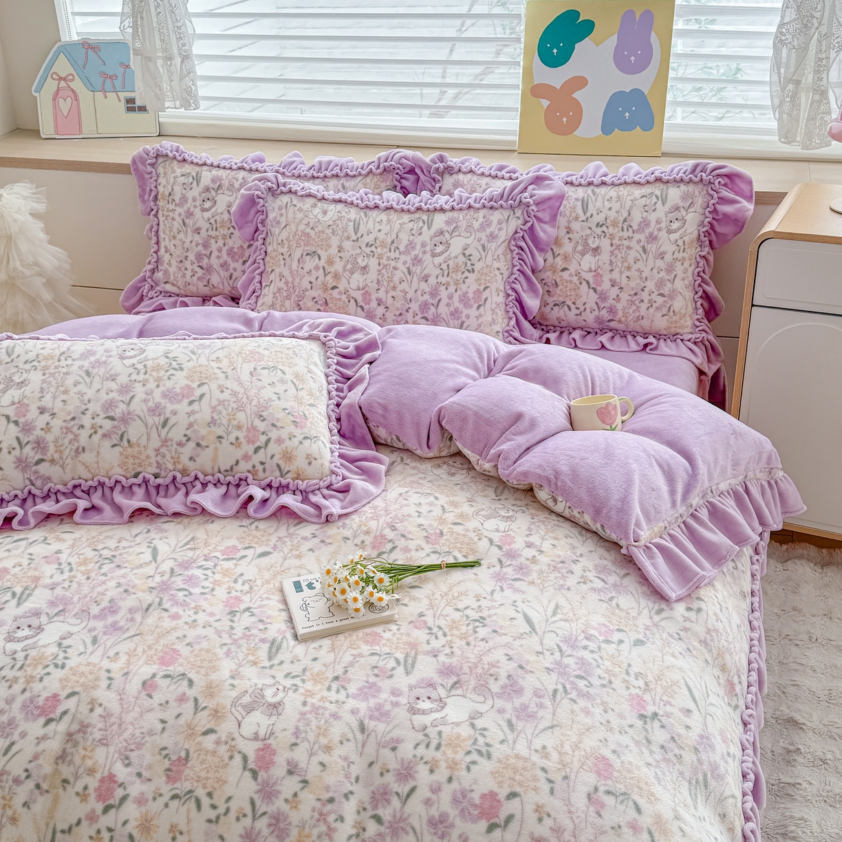 91家纺网 家纺一手货源 找家纺 橘子家 2025轻奢法式花边公主风婴儿绒牛奶绒高克重四件套 枝蔓