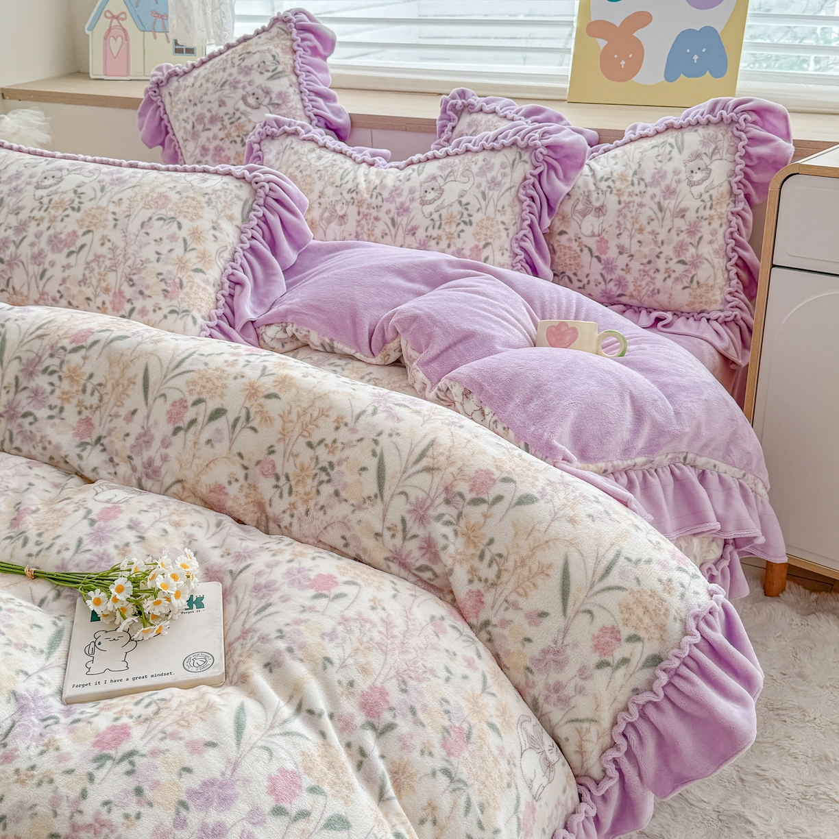 91家纺网 家纺一手货源 找家纺 橘子家 2025轻奢法式花边公主风婴儿绒牛奶绒高克重四件套 枝蔓