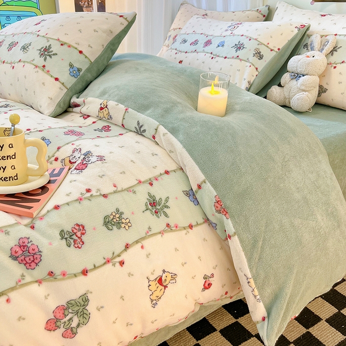 91家纺网 家纺一手货源 找家纺 HL原创 2025新款牛奶绒四件套 粉黛小兔-绒