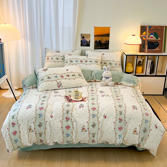 91家纺网 家纺一手货源 找家纺 HL原创 2025新款牛奶绒四件套 粉黛小兔-绒