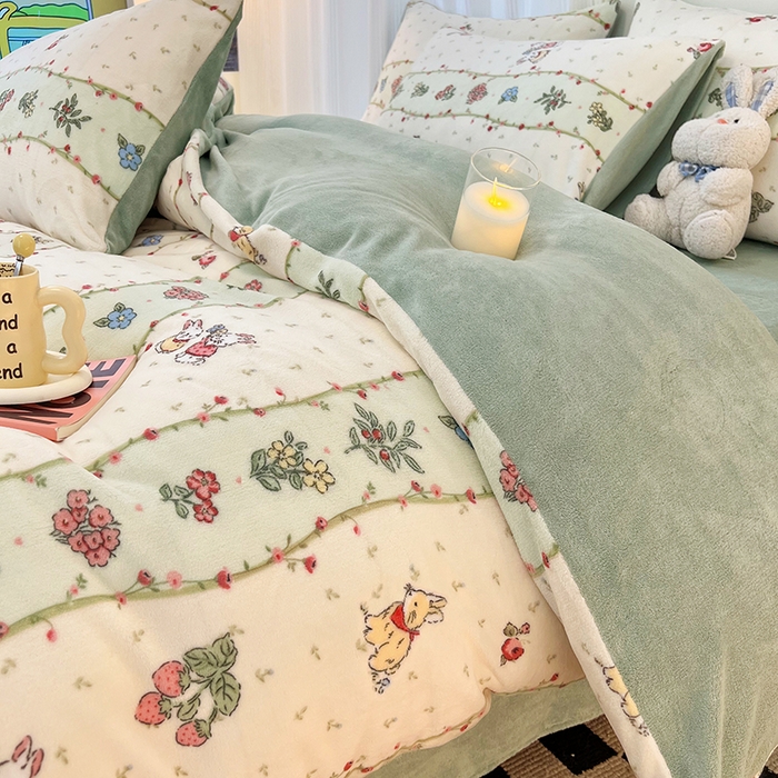 91家纺网 家纺一手货源 找家纺 HL原创 2025新款牛奶绒四件套 粉黛小兔-绒