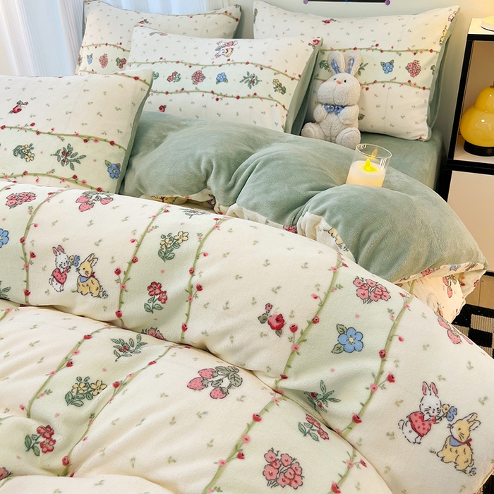 91家纺网 家纺一手货源 找家纺 HL原创 2025新款牛奶绒四件套 粉黛小兔-绒