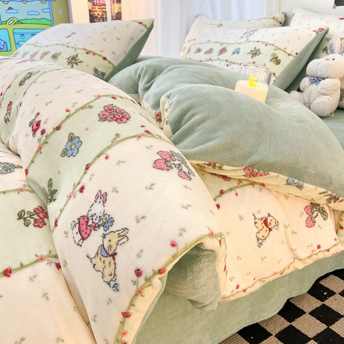 91家纺网 家纺一手货源 找家纺 HL原创 2025新款牛奶绒四件套 粉黛小兔-绒