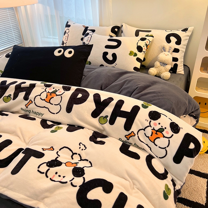 91家纺网 家纺一手货源 找家纺 HL原创 2025新款牛奶绒四件套 嗨皮狗