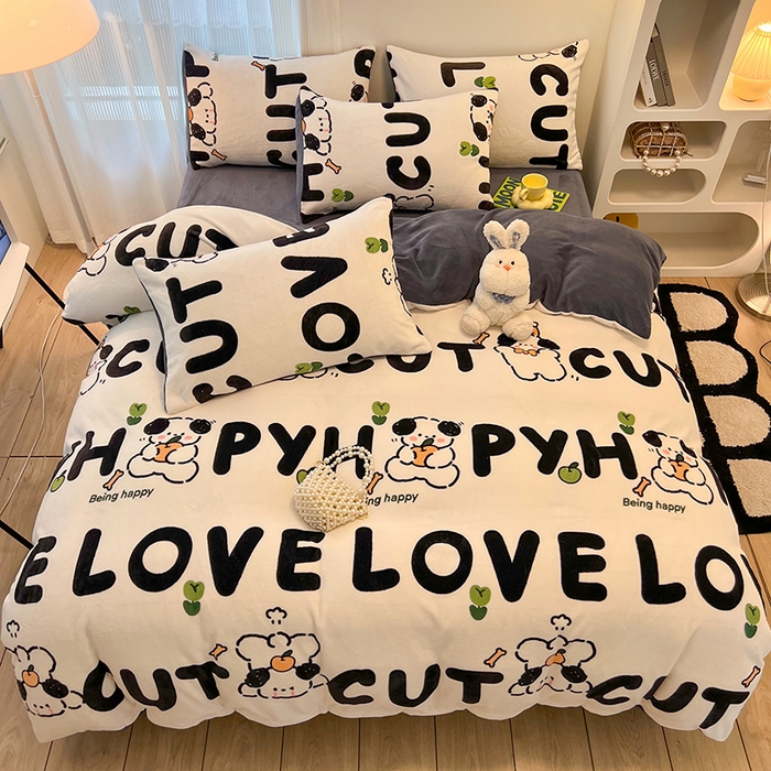 91家纺网 家纺一手货源 找家纺 HL原创 2025新款牛奶绒四件套 嗨皮狗