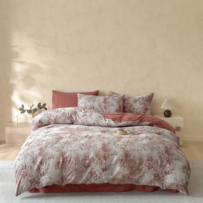 91家纺网 家纺一手货源 找家纺 言一 2025新款A类100支陶瓷轻磨毛新疆长绒棉纯棉全棉提花四件套 墨雨云间-焦糖