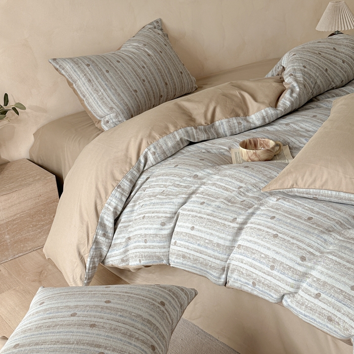 91家纺网 家纺一手货源 找家纺 言一 2025新款A类100支陶瓷轻磨毛新疆长绒棉纯棉全棉提花四件套 海盐波点-浅咖