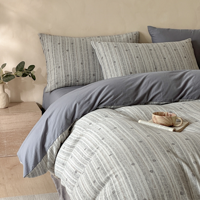 91家纺网 家纺一手货源 找家纺 言一 2025新款A类100支陶瓷轻磨毛新疆长绒棉纯棉全棉提花四件套 海盐波点-灰蓝