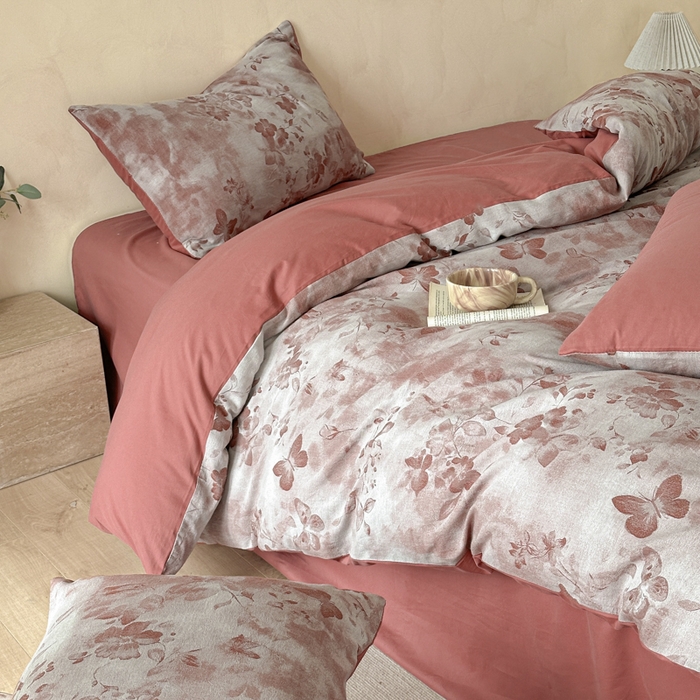 91家纺网 家纺一手货源 找家纺 言一 2025新款A类100支陶瓷轻磨毛新疆长绒棉纯棉全棉提花四件套 墨雨云间-焦糖