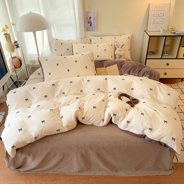 91家纺网 家纺一手货源 找家纺 HL原创 2025新款牛奶绒四件套 可可蝴蝶结