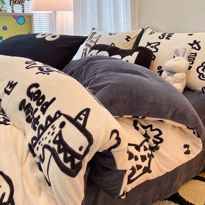 HL原创 2025新款牛奶绒四件套 萌趣恐龙