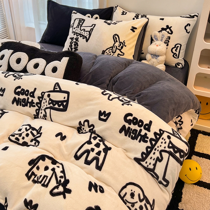 91家纺网 家纺一手货源 找家纺 HL原创 2025新款牛奶绒四件套 萌趣恐龙