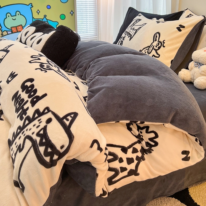 91家纺网 家纺一手货源 找家纺 HL原创 2025新款牛奶绒四件套 萌趣恐龙