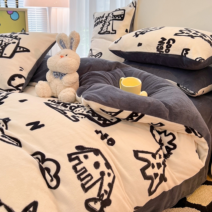 91家纺网 家纺一手货源 找家纺 HL原创 2025新款牛奶绒四件套 萌趣恐龙