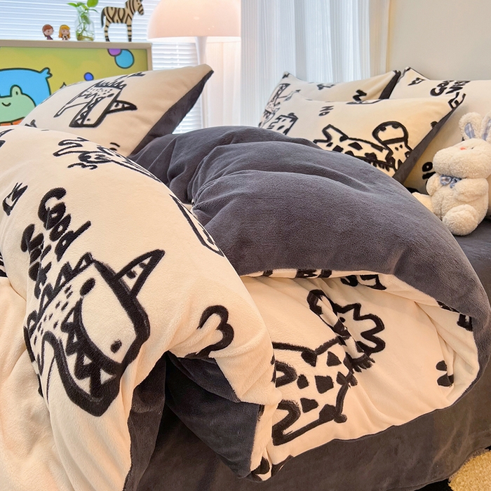 91家纺网 家纺一手货源 找家纺 HL原创 2025新款牛奶绒四件套 萌趣恐龙