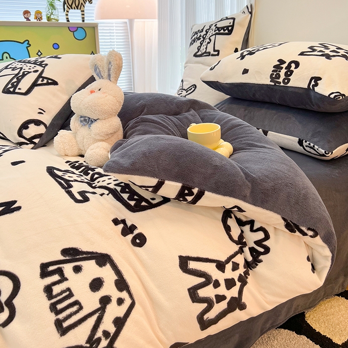 91家纺网 家纺一手货源 找家纺 HL原创 2025新款牛奶绒四件套 萌趣恐龙