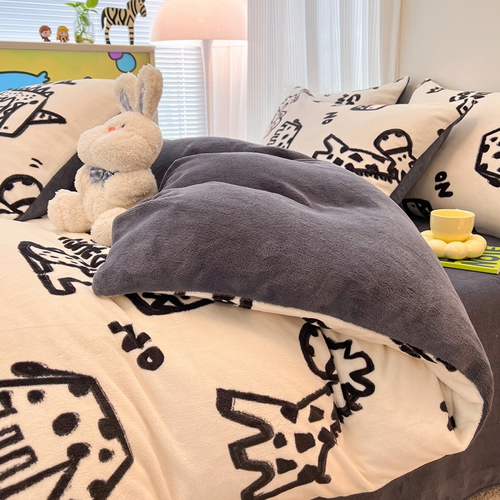 91家纺网 家纺一手货源 找家纺 HL原创 2025新款牛奶绒四件套 萌趣恐龙