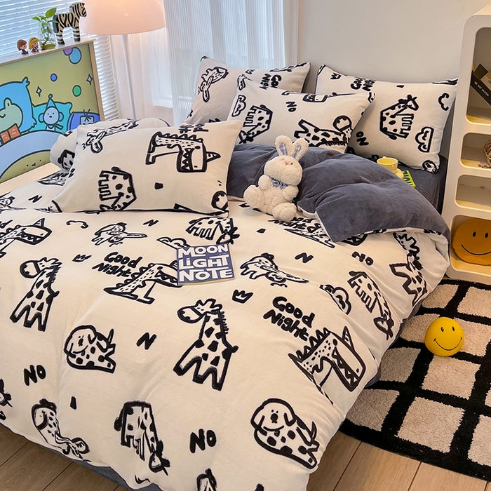 91家纺网 家纺一手货源 找家纺 HL原创 2025新款牛奶绒四件套 萌趣恐龙