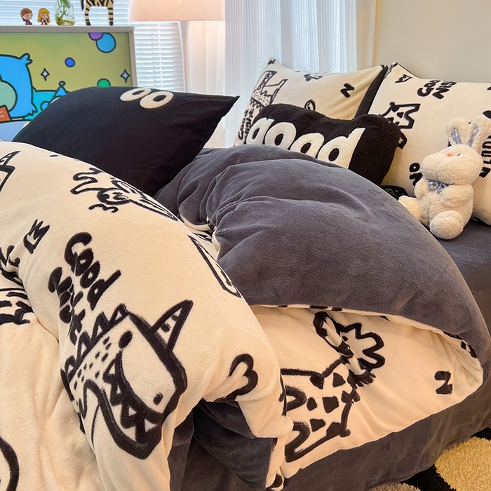 91家纺网 家纺一手货源 找家纺 HL原创 2025新款牛奶绒四件套 萌趣恐龙