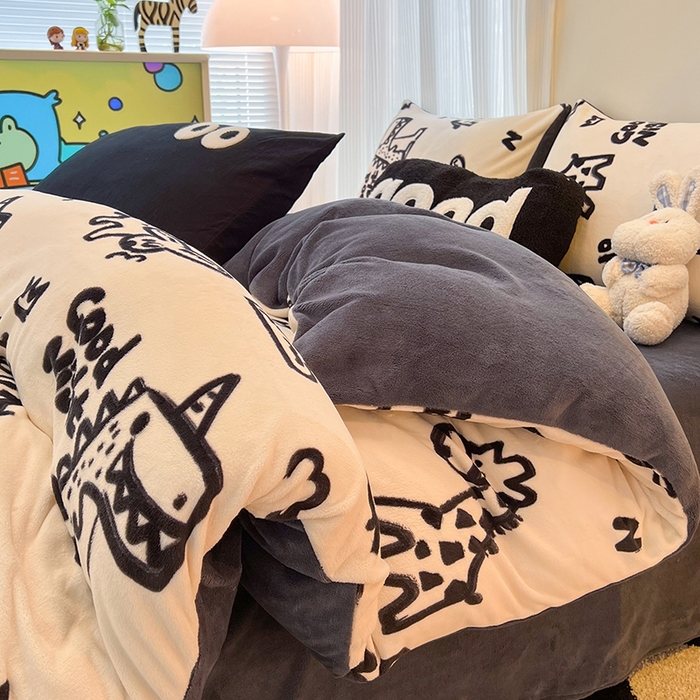 91家纺网 家纺一手货源 找家纺 HL原创 2025新款牛奶绒四件套 萌趣恐龙