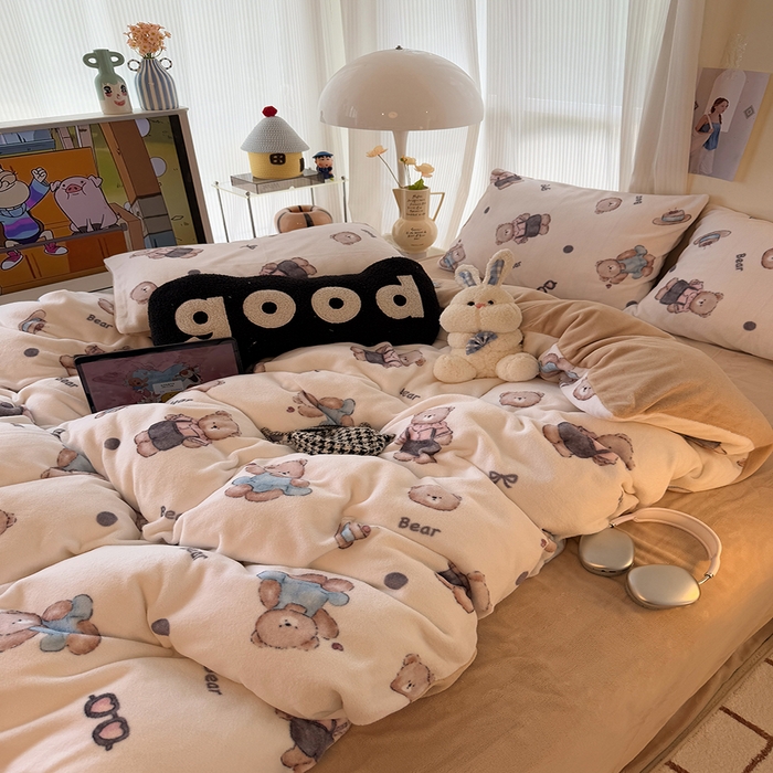 91家纺网 家纺一手货源 找家纺 HL原创 2025新款牛奶绒四件套 小熊