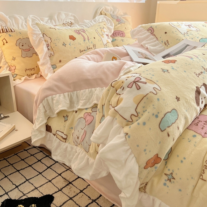 91家纺网 家纺一手货源 找家纺 （总）六巷胡同 2025新款韩版INS卡通花边款A类牛奶绒四件套